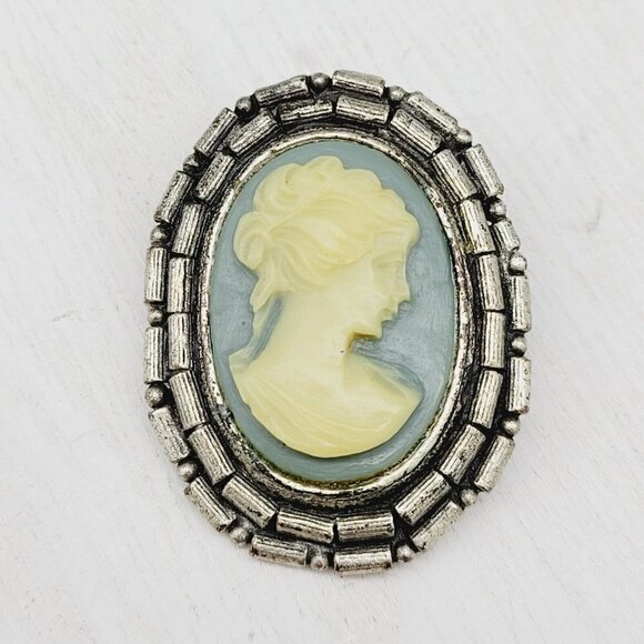 Vintage Blue Resin Cameo Brooch Brutalist Vibes Victorian Lady Antiqued Silver - Picture 1 of 4